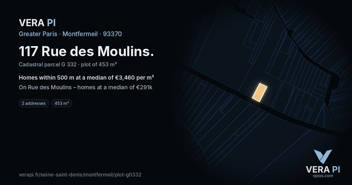 117 Rue des Moulins, Montfermeil at night – the plot lit, the parcels around coloured by the prices near them