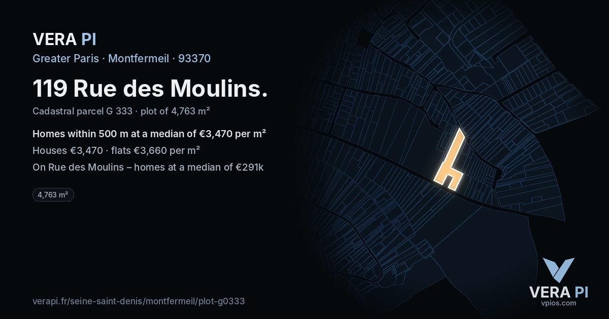 119 Rue des Moulins, Montfermeil at night – the plot lit, the parcels around coloured by the prices near them