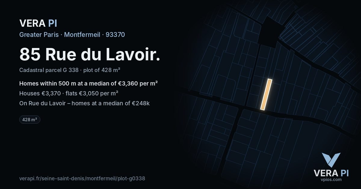 85 Rue du Lavoir, Montfermeil at night – the plot lit, the parcels around coloured by the prices near them