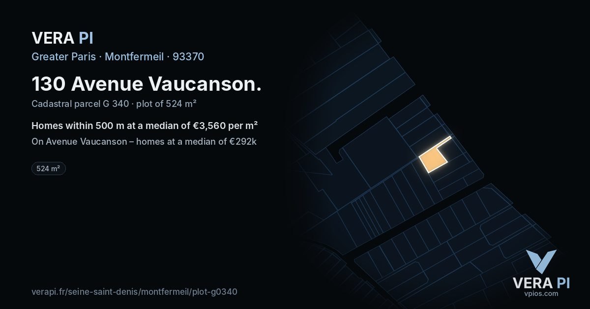 130 Avenue Vaucanson, Montfermeil at night – the plot lit, the parcels around coloured by the prices near them