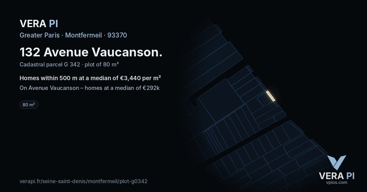 132 Avenue Vaucanson, Montfermeil at night – the plot lit, the parcels around coloured by the prices near them