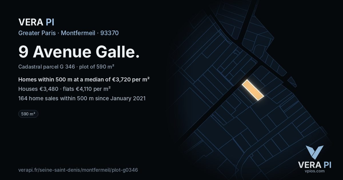 9 Avenue Galle, Montfermeil at night – the plot lit, the parcels around coloured by the prices near them