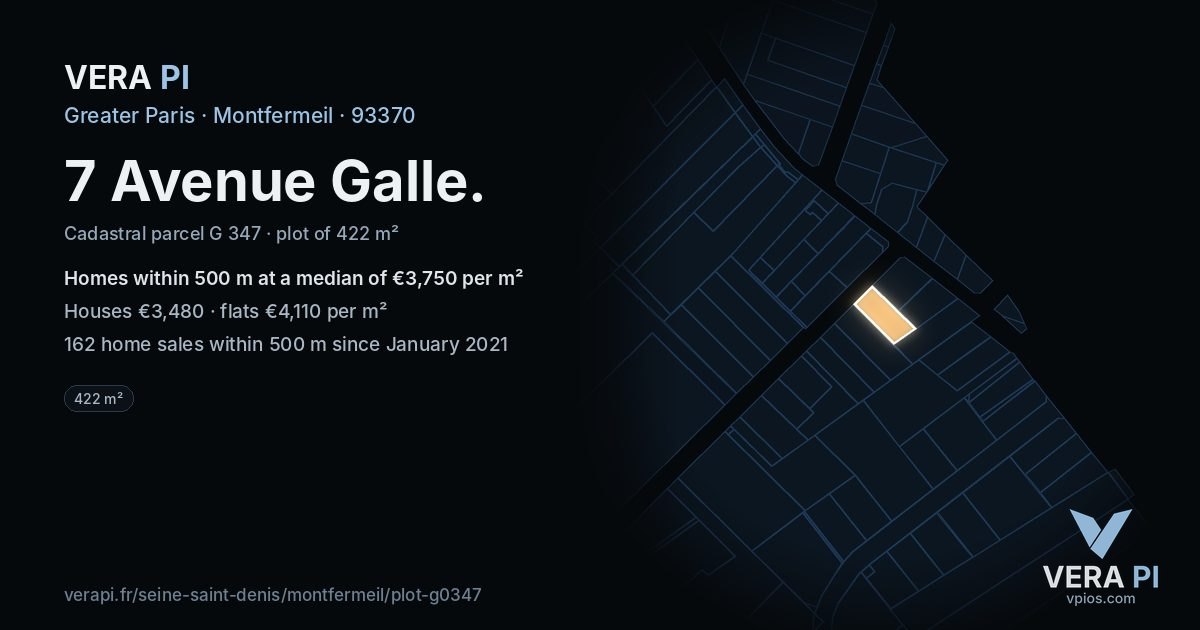 7 Avenue Galle, Montfermeil at night – the plot lit, the parcels around coloured by the prices near them