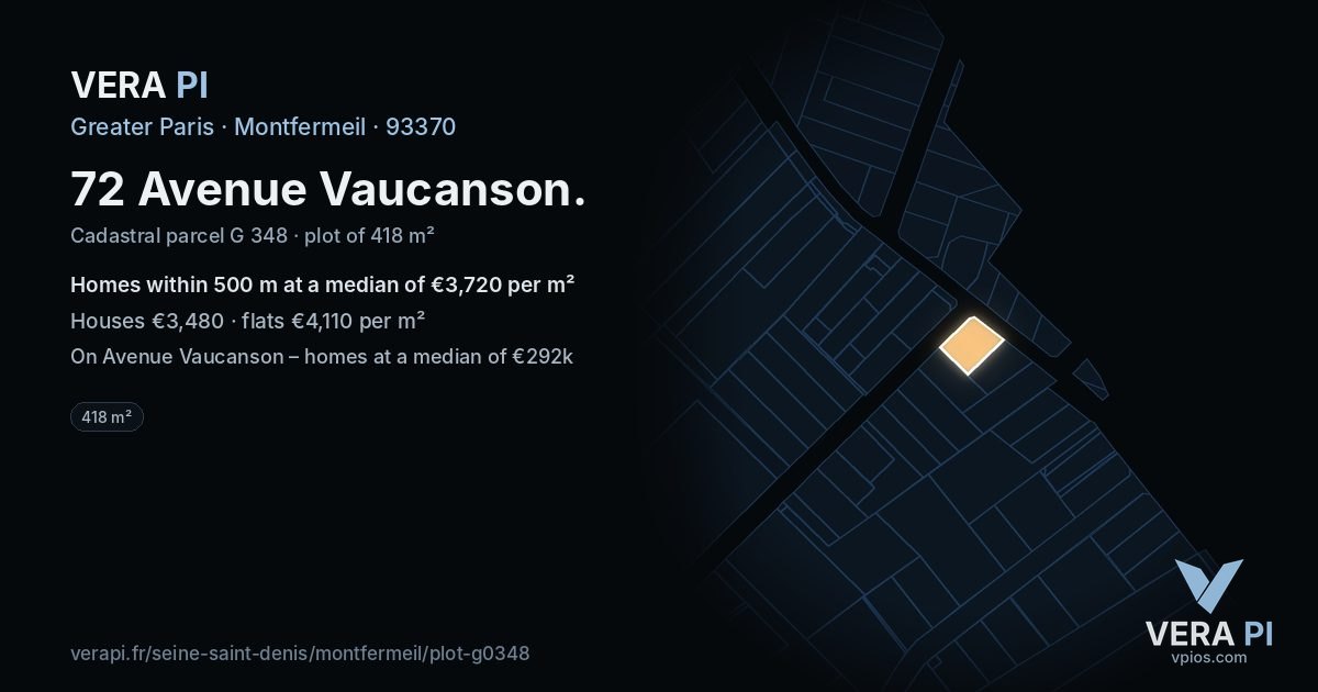 72 Avenue Vaucanson, Montfermeil at night – the plot lit, the parcels around coloured by the prices near them