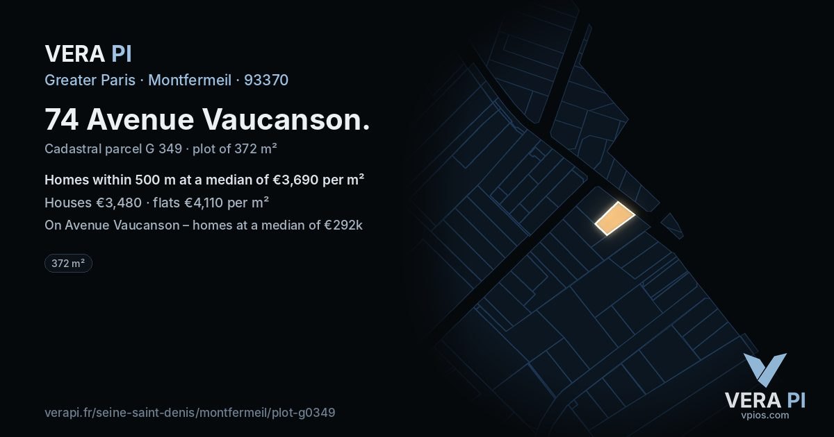 74 Avenue Vaucanson, Montfermeil at night – the plot lit, the parcels around coloured by the prices near them