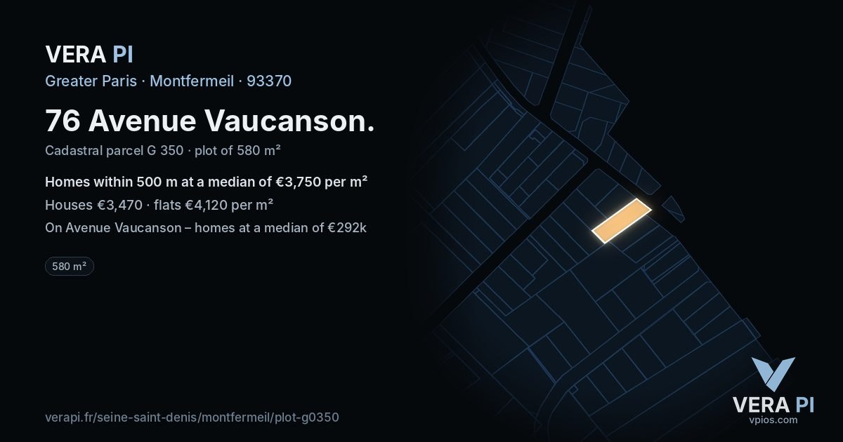 76 Avenue Vaucanson, Montfermeil at night – the plot lit, the parcels around coloured by the prices near them