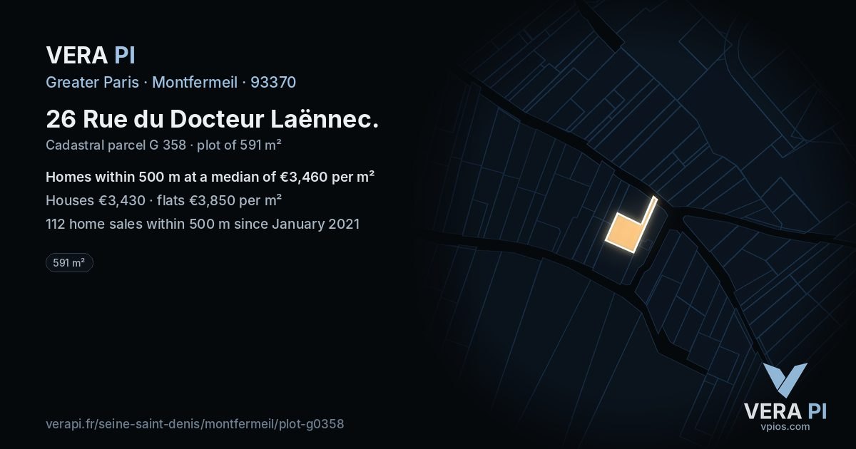 26 Rue du Docteur Laënnec, Montfermeil at night – the plot lit, the parcels around coloured by the prices near them