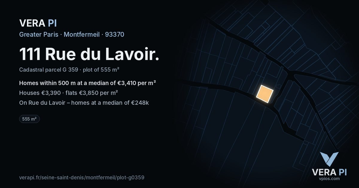111 Rue du Lavoir, Montfermeil at night – the plot lit, the parcels around coloured by the prices near them