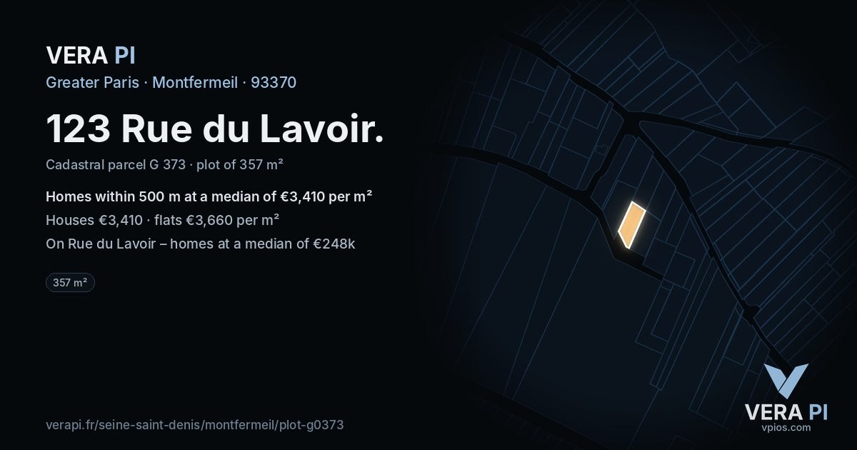 123 Rue du Lavoir, Montfermeil at night – the plot lit, the parcels around coloured by the prices near them
