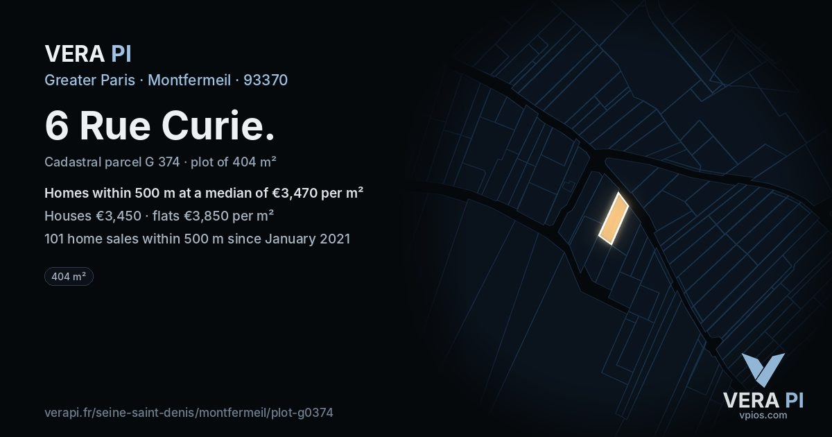 6 Rue Curie, Montfermeil at night – the plot lit, the parcels around coloured by the prices near them