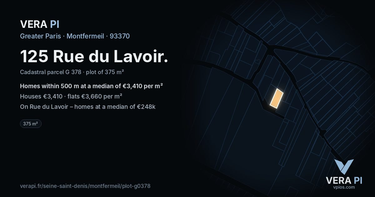 125 Rue du Lavoir, Montfermeil at night – the plot lit, the parcels around coloured by the prices near them