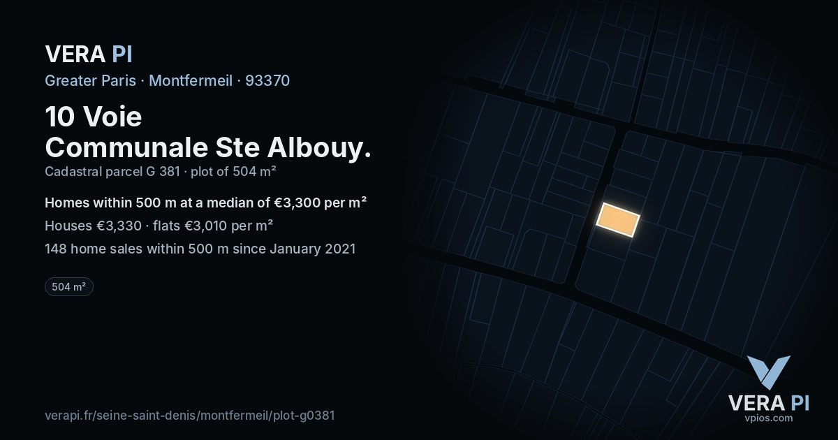 10 Voie Communale Ste Albouy, Montfermeil at night – the plot lit, the parcels around coloured by the prices near them
