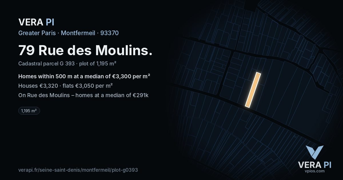 79 Rue des Moulins, Montfermeil at night – the plot lit, the parcels around coloured by the prices near them
