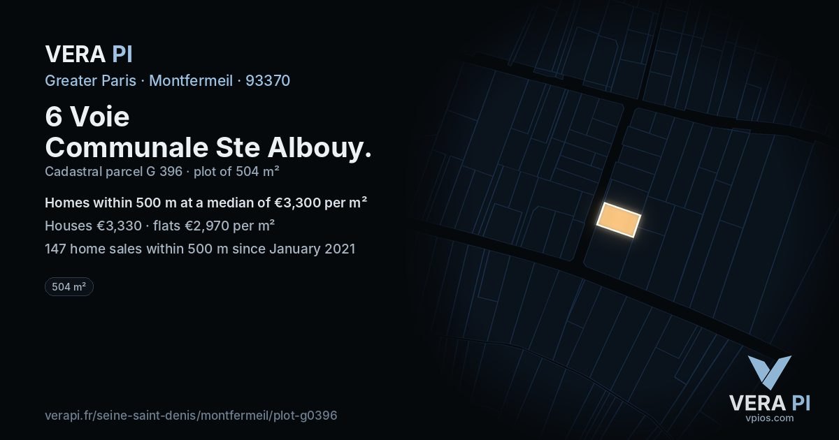 6 Voie Communale Ste Albouy, Montfermeil at night – the plot lit, the parcels around coloured by the prices near them