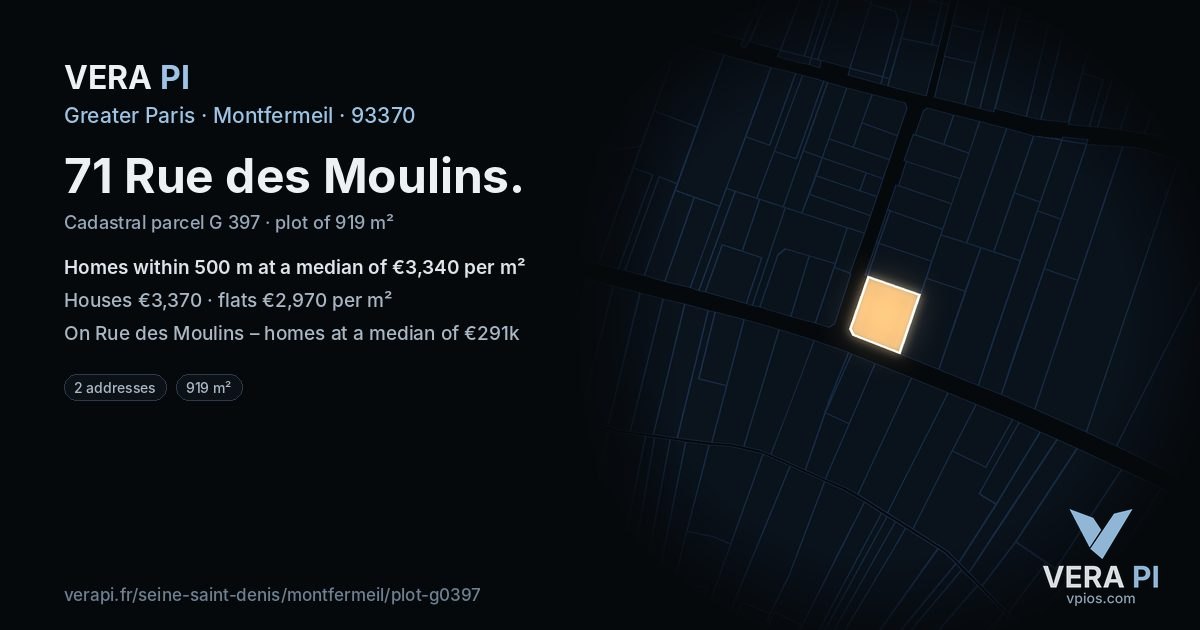 71 Rue des Moulins, Montfermeil at night – the plot lit, the parcels around coloured by the prices near them