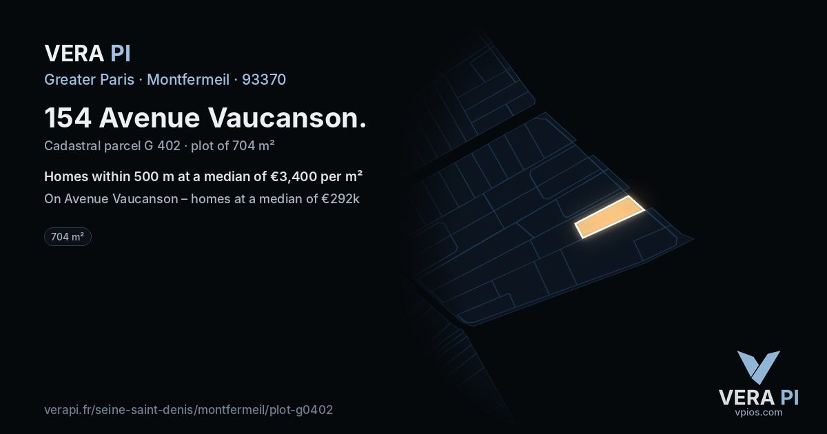 154 Avenue Vaucanson, Montfermeil at night – the plot lit, the parcels around coloured by the prices near them