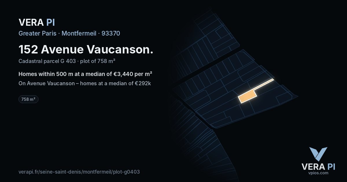 152 Avenue Vaucanson, Montfermeil at night – the plot lit, the parcels around coloured by the prices near them
