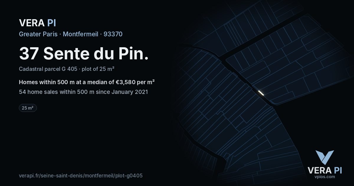 37 Sente du Pin, Montfermeil at night – the plot lit, the parcels around coloured by the prices near them