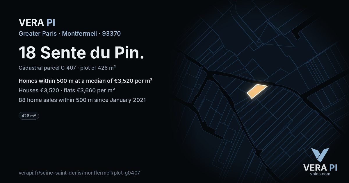 18 Sente du Pin, Montfermeil at night – the plot lit, the parcels around coloured by the prices near them