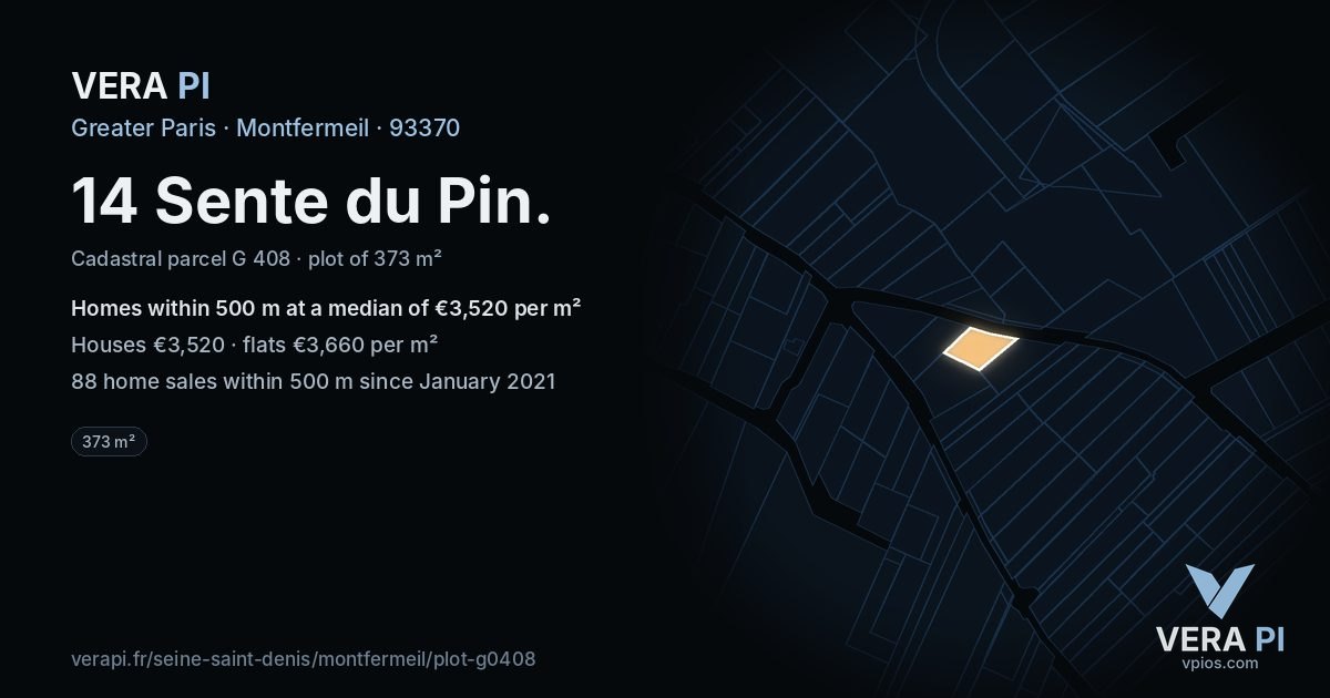 14 Sente du Pin, Montfermeil at night – the plot lit, the parcels around coloured by the prices near them