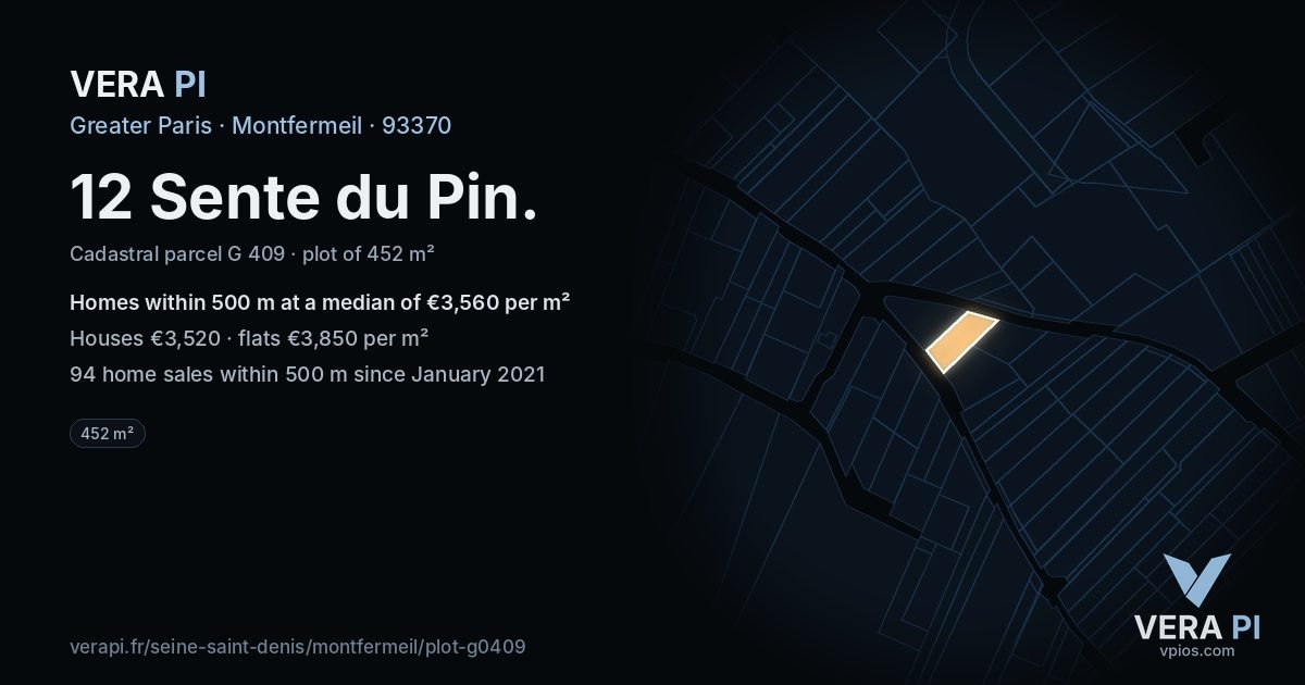 12 Sente du Pin, Montfermeil at night – the plot lit, the parcels around coloured by the prices near them
