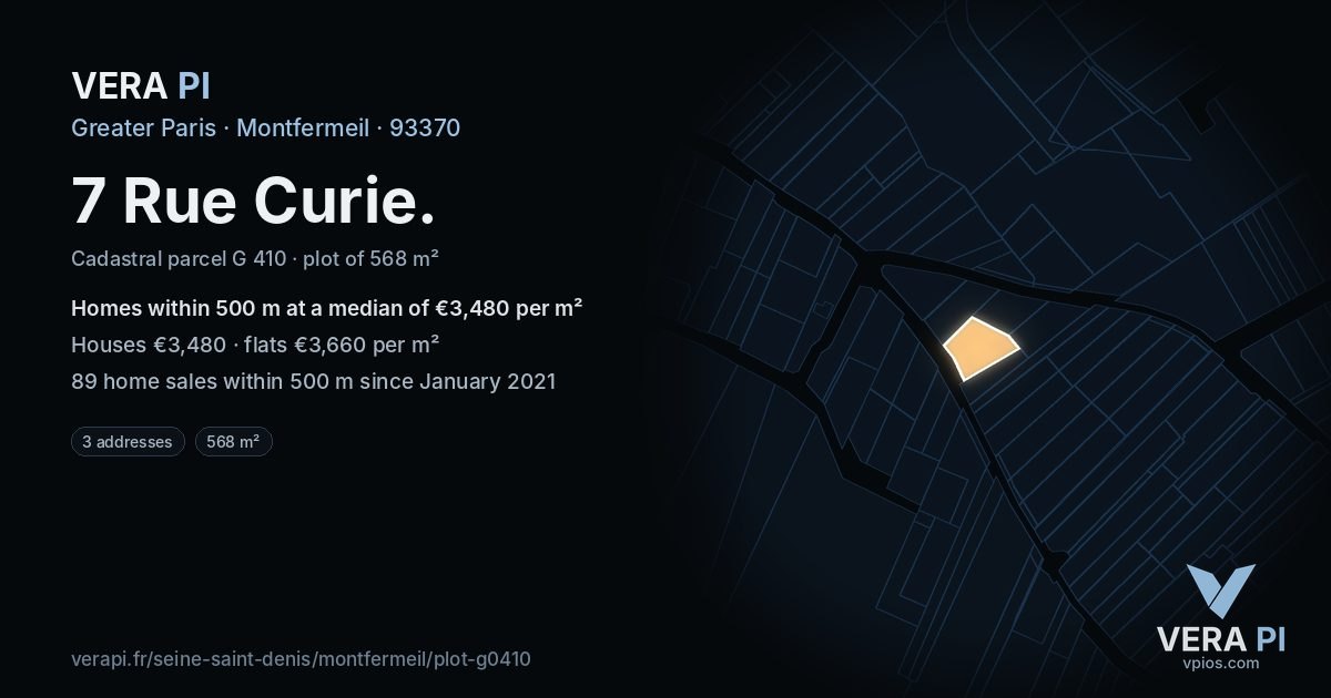 7 Rue Curie, Montfermeil at night – the plot lit, the parcels around coloured by the prices near them