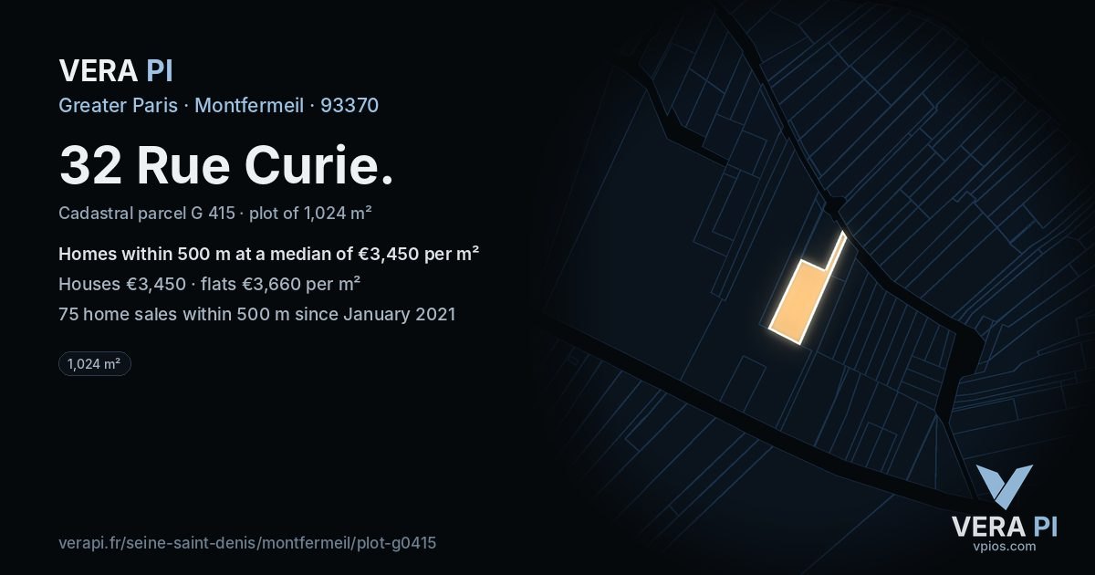 32 Rue Curie, Montfermeil at night – the plot lit, the parcels around coloured by the prices near them