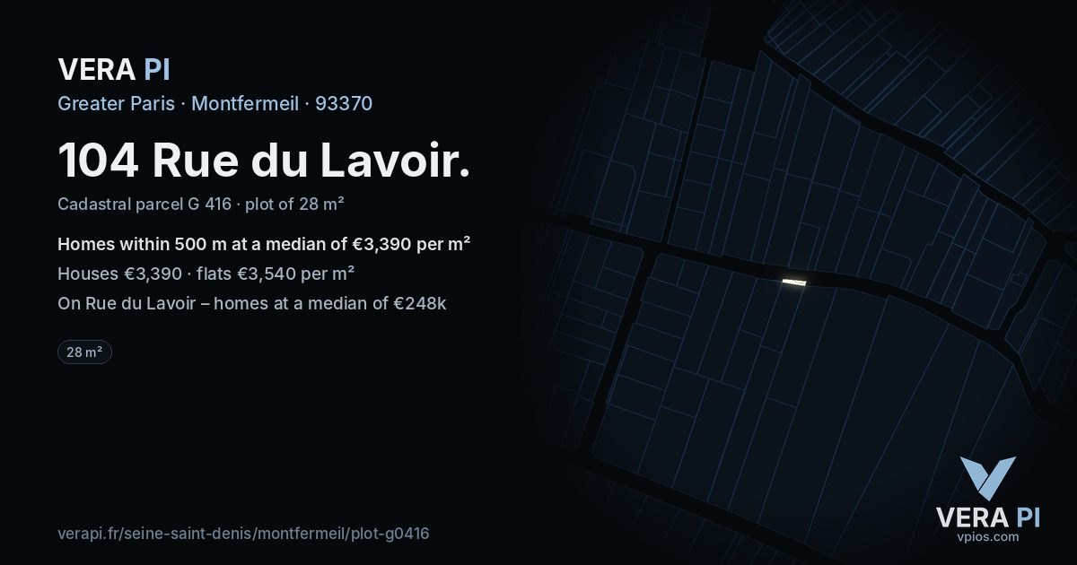 104 Rue du Lavoir, Montfermeil at night – the plot lit, the parcels around coloured by the prices near them