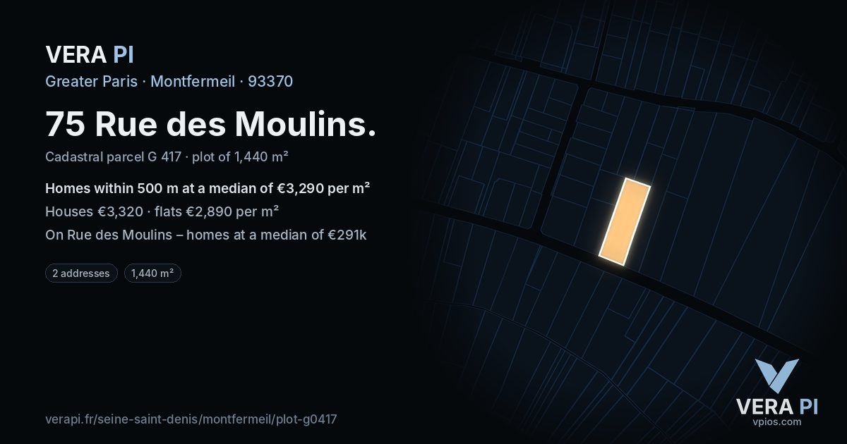 75 Rue des Moulins, Montfermeil at night – the plot lit, the parcels around coloured by the prices near them