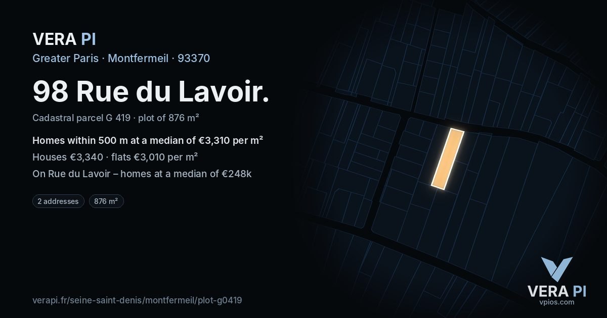 98 Rue du Lavoir, Montfermeil at night – the plot lit, the parcels around coloured by the prices near them