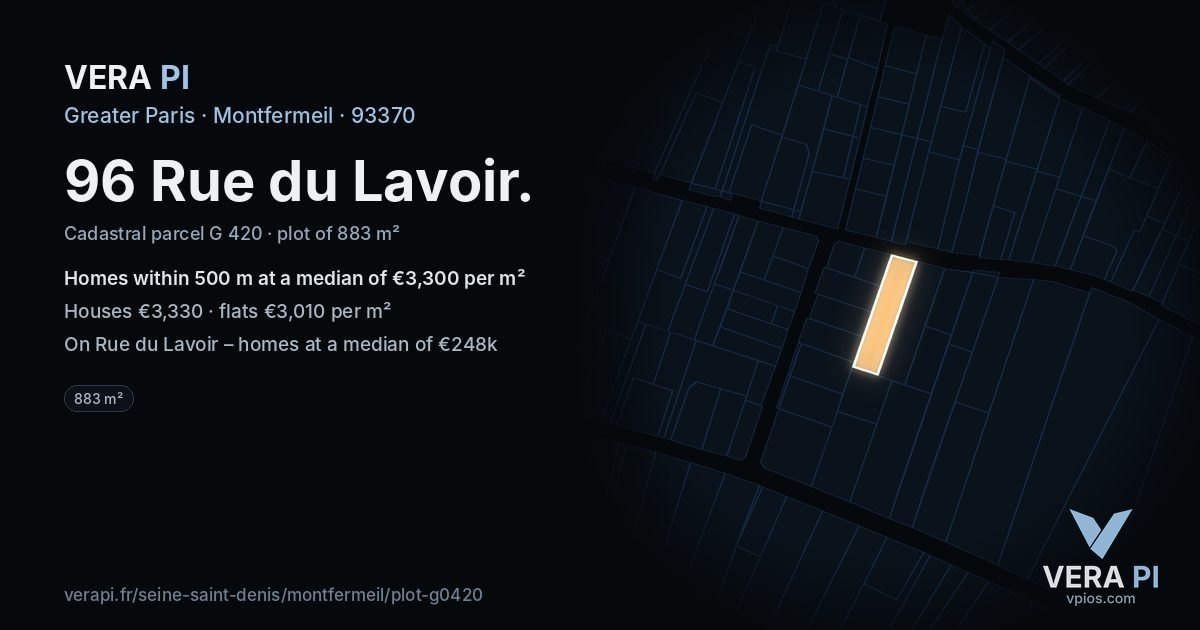 96 Rue du Lavoir, Montfermeil at night – the plot lit, the parcels around coloured by the prices near them