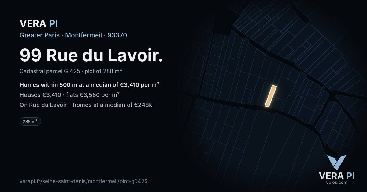99 Rue du Lavoir, Montfermeil at night – the plot lit, the parcels around coloured by the prices near them