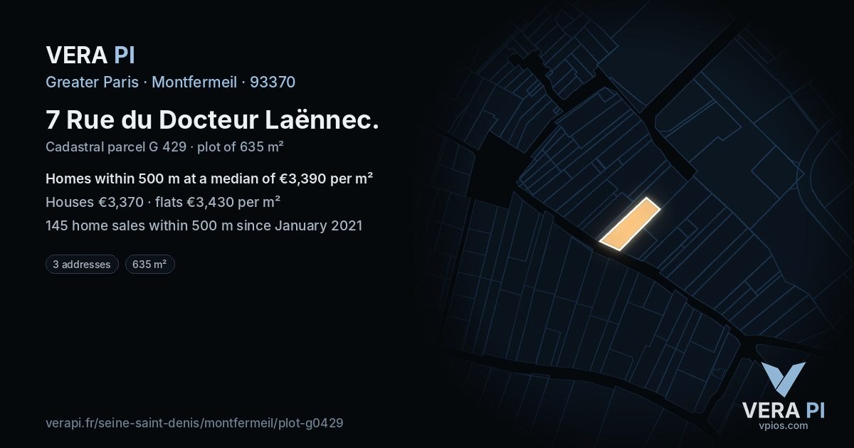 7 Rue du Docteur Laënnec, Montfermeil at night – the plot lit, the parcels around coloured by the prices near them