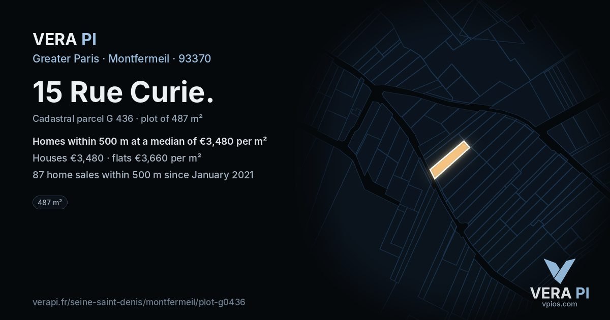 15 Rue Curie, Montfermeil at night – the plot lit, the parcels around coloured by the prices near them