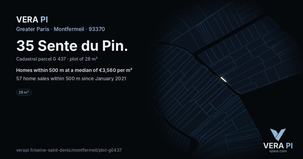 35 Sente du Pin, Montfermeil at night – the plot lit, the parcels around coloured by the prices near them