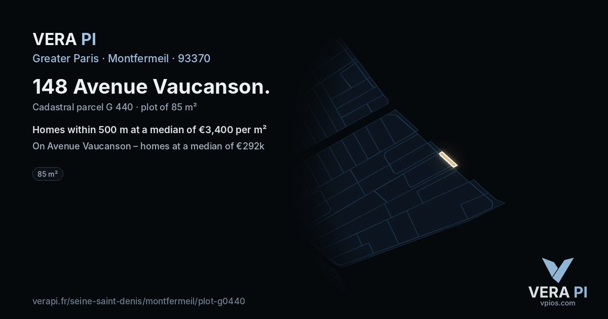 148 Avenue Vaucanson, Montfermeil at night – the plot lit, the parcels around coloured by the prices near them
