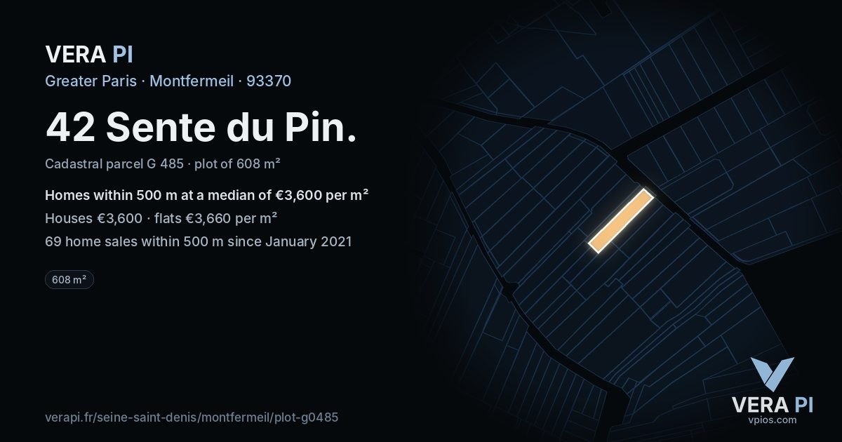 42 Sente du Pin, Montfermeil at night – the plot lit, the parcels around coloured by the prices near them