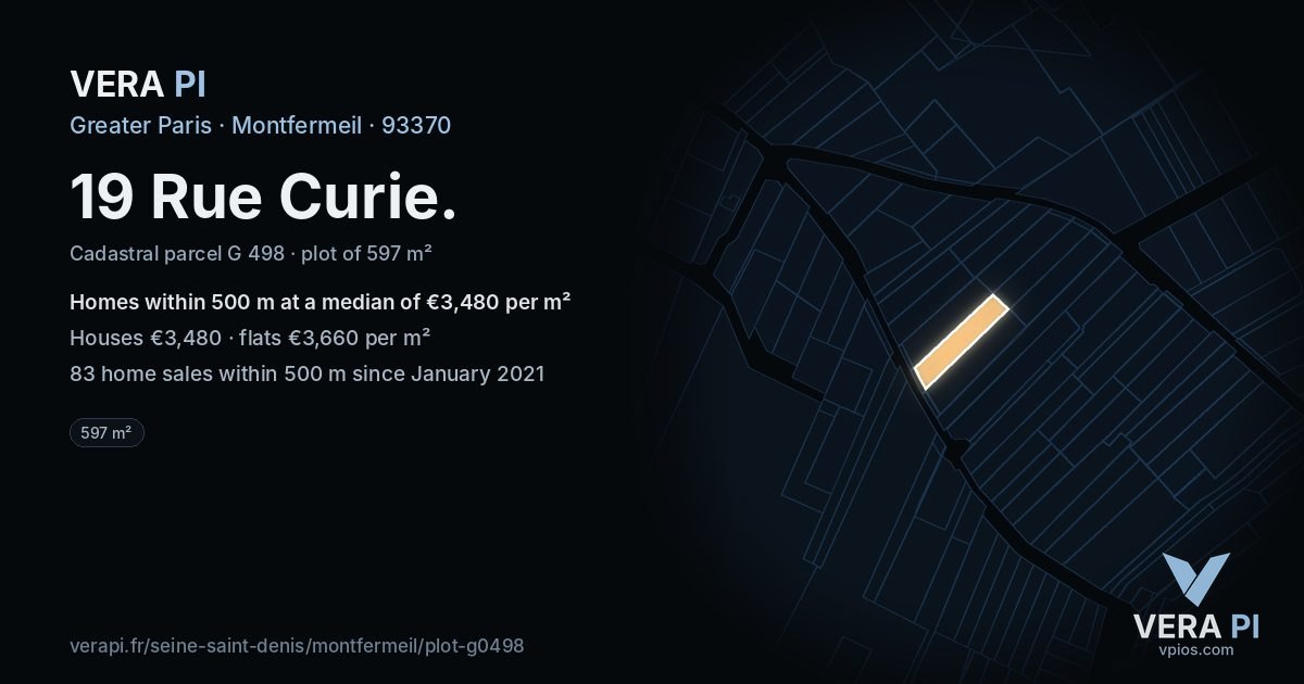19 Rue Curie, Montfermeil at night – the plot lit, the parcels around coloured by the prices near them