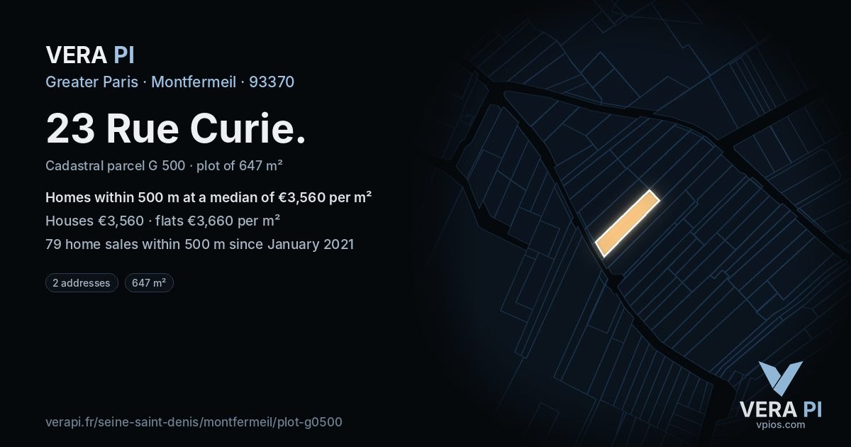 23 Rue Curie, Montfermeil at night – the plot lit, the parcels around coloured by the prices near them