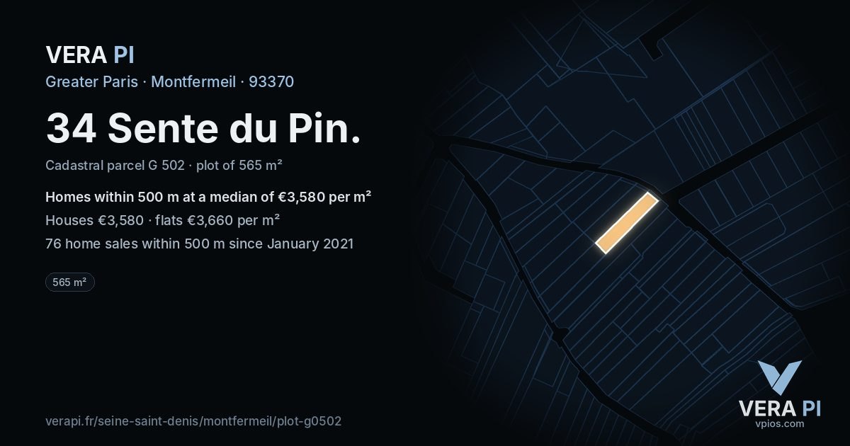 34 Sente du Pin, Montfermeil at night – the plot lit, the parcels around coloured by the prices near them
