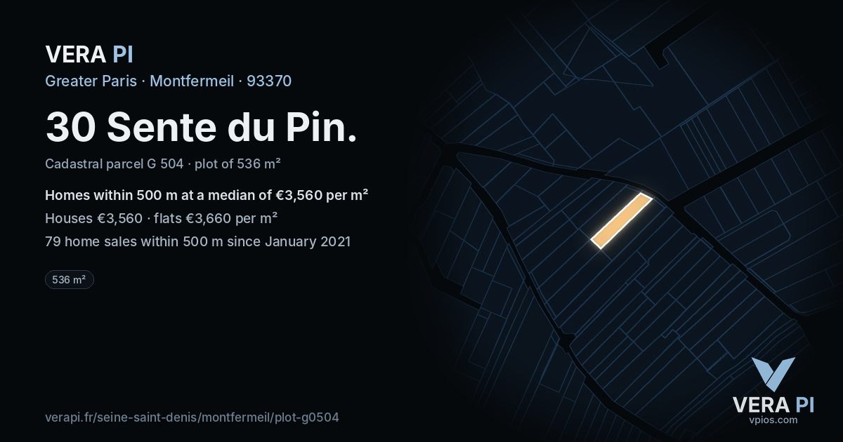 30 Sente du Pin, Montfermeil at night – the plot lit, the parcels around coloured by the prices near them