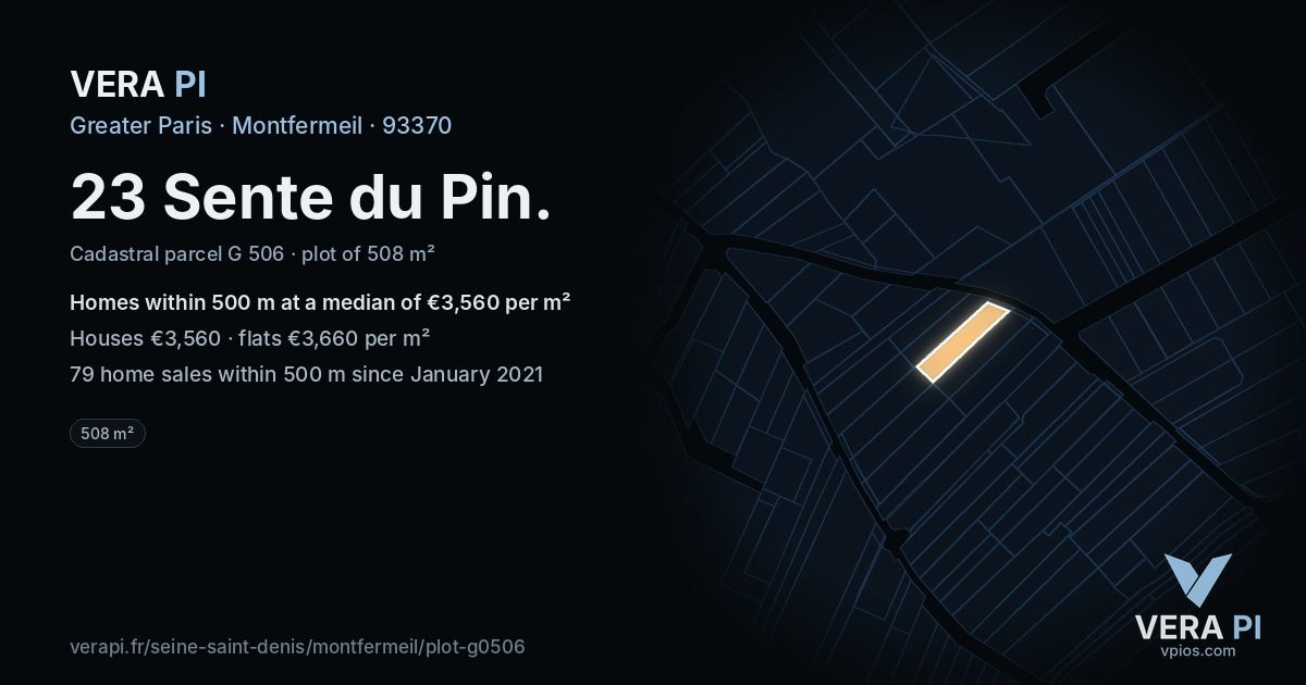 23 Sente du Pin, Montfermeil at night – the plot lit, the parcels around coloured by the prices near them