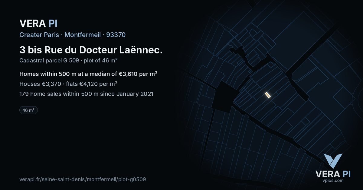 3 bis Rue du Docteur Laënnec, Montfermeil at night – the plot lit, the parcels around coloured by the prices near them