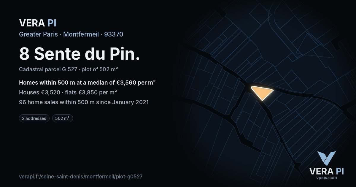8 Sente du Pin, Montfermeil at night – the plot lit, the parcels around coloured by the prices near them