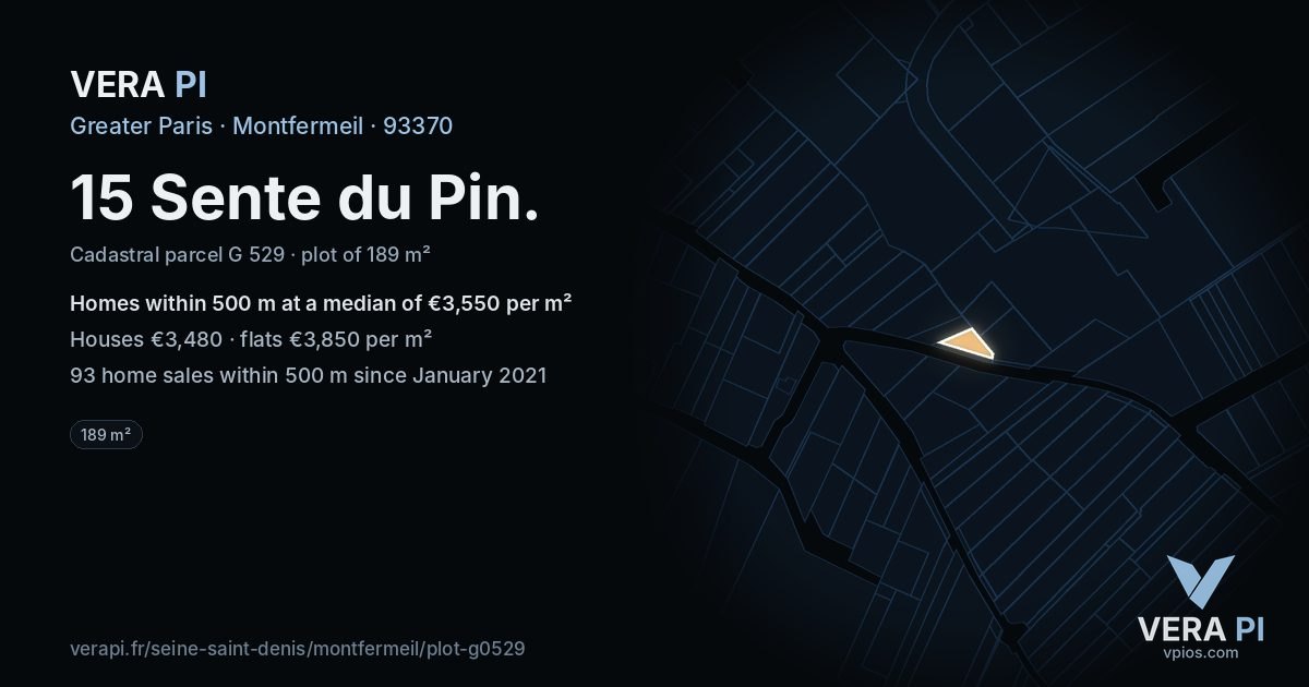 15 Sente du Pin, Montfermeil at night – the plot lit, the parcels around coloured by the prices near them