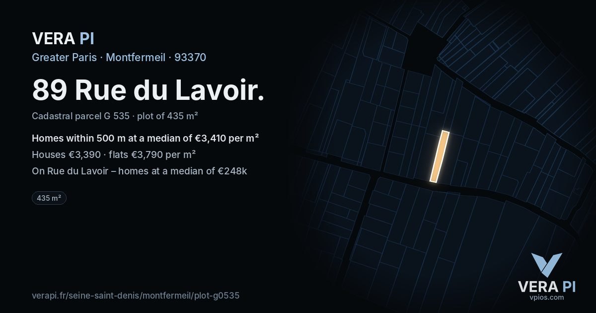 89 Rue du Lavoir, Montfermeil at night – the plot lit, the parcels around coloured by the prices near them