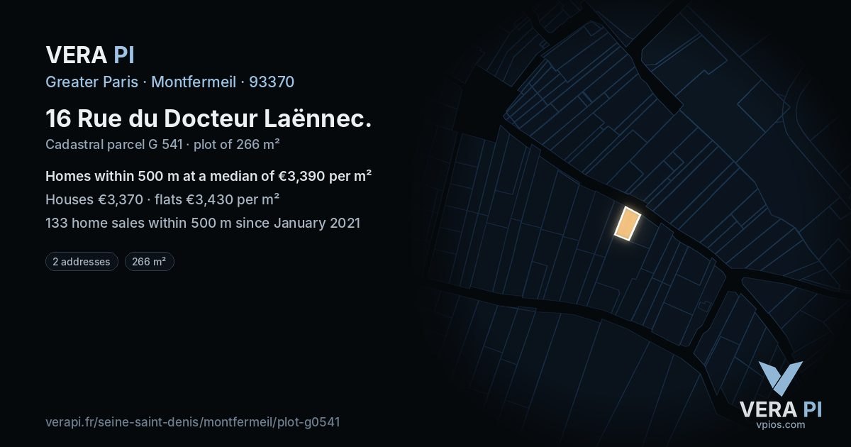 16 Rue du Docteur Laënnec, Montfermeil at night – the plot lit, the parcels around coloured by the prices near them