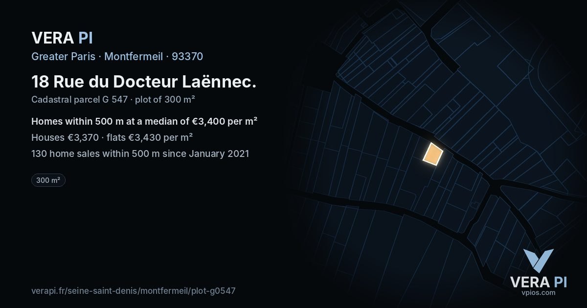 18 Rue du Docteur Laënnec, Montfermeil at night – the plot lit, the parcels around coloured by the prices near them