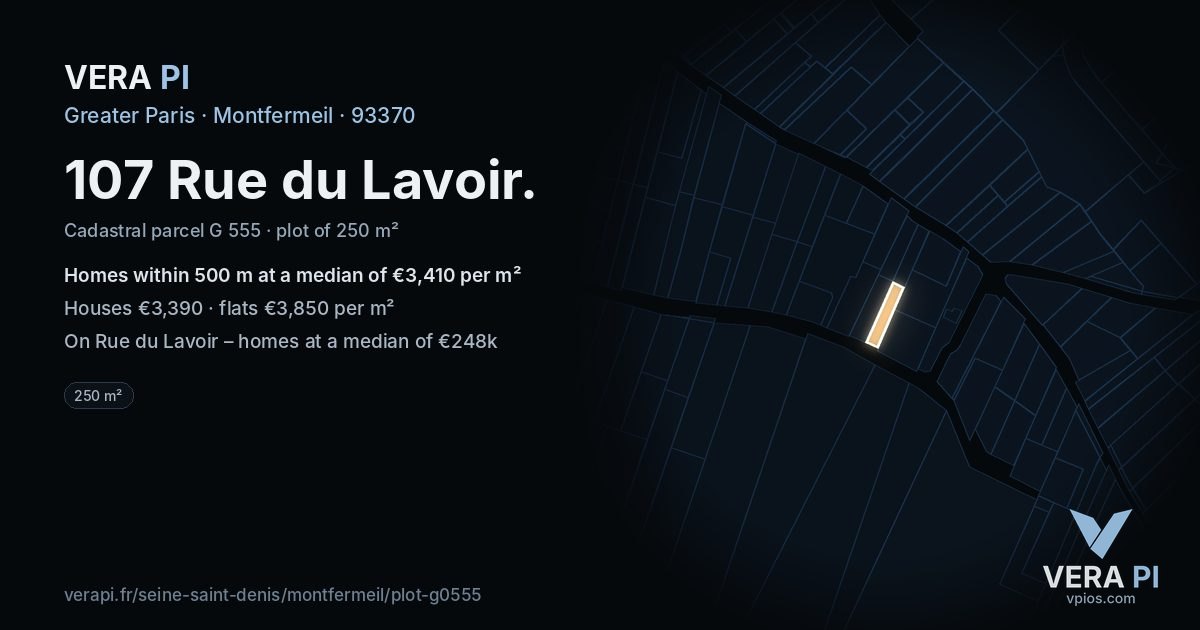 107 Rue du Lavoir, Montfermeil at night – the plot lit, the parcels around coloured by the prices near them