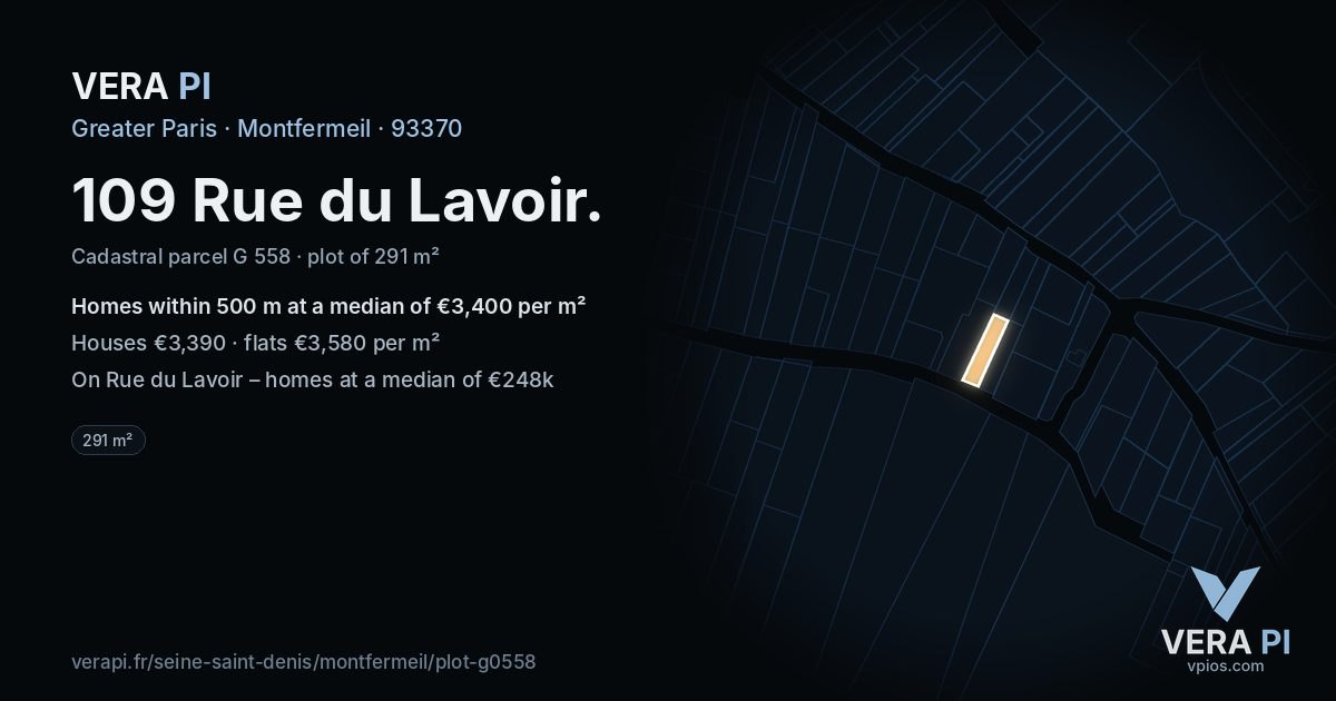 109 Rue du Lavoir, Montfermeil at night – the plot lit, the parcels around coloured by the prices near them
